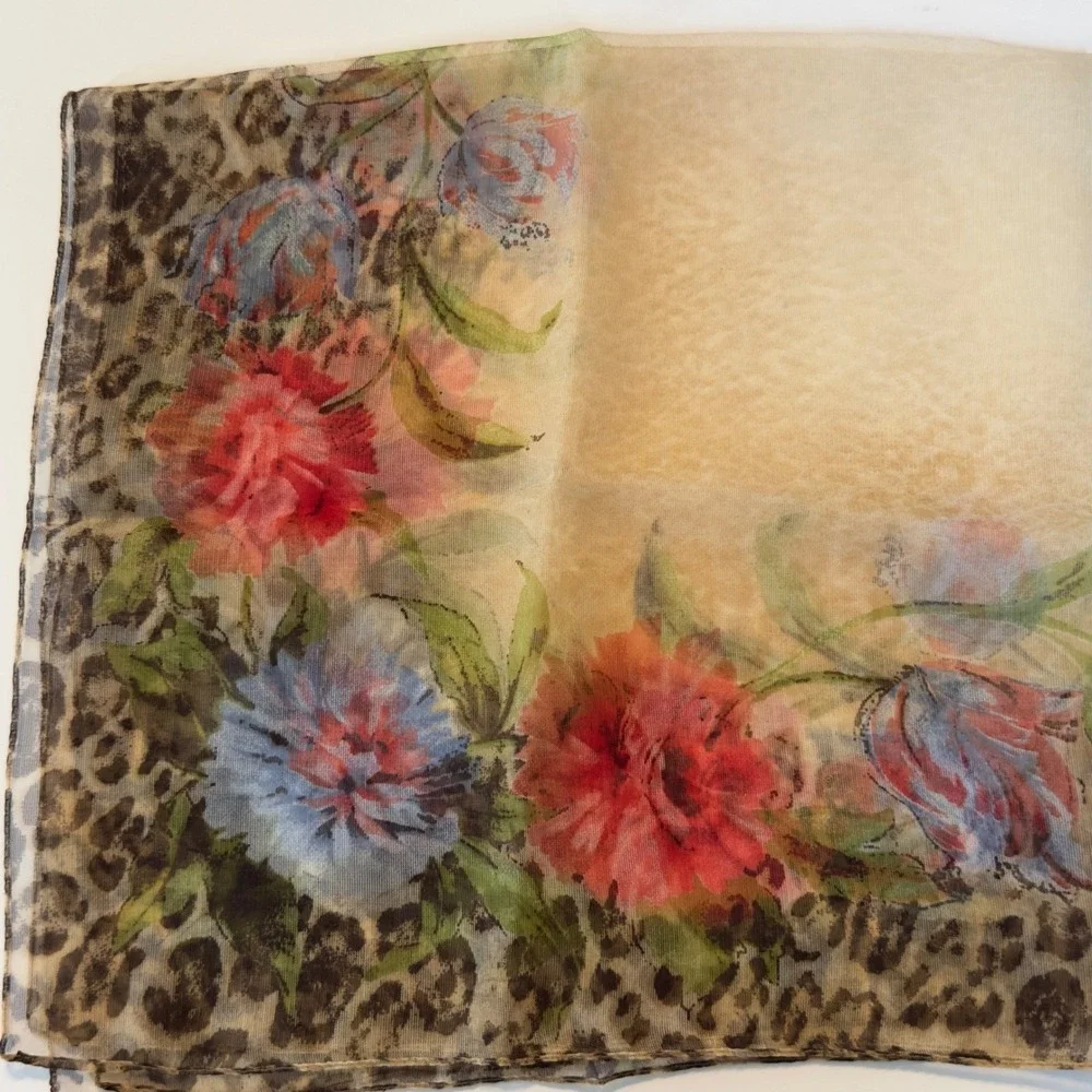 George Italy Square Scarf Leopard Floral Animal Print Cream Blue CottageCore